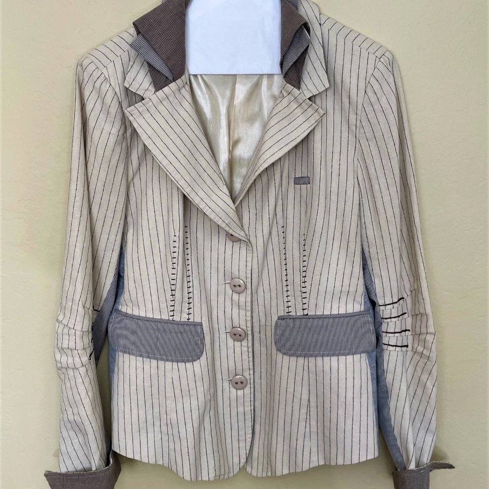 Women's Blazer Size L Multiple Striped Fabrics, Ruffles
